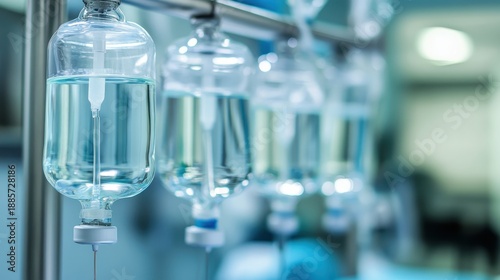 Wallpaper Mural Sterile saline solution drip bags hanging in a row for medical infusion therapy Torontodigital.ca