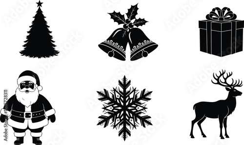 Collection of Black Christmas Holiday Icons Featuring Santa Claus Reindeer Snowflake Christmas Tree Gift Box and Bells Silhouette Vector Illustration for Winter Season Festive Decoration
