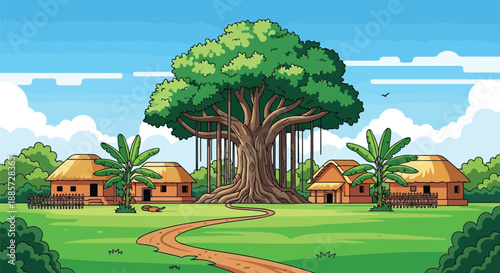 Cartoon Background Peaceful cartoon village scene with traditional huts clustered around a giant, ancient banyan tree on a lush green meadow under a clear blue sky.