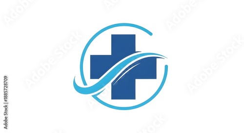 Dynamic blue medical cross symbol with a flowing wave representing health and wellness services