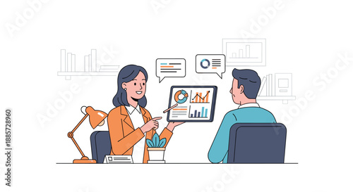 Enthusiastic businesswoman presenting financial data and growth charts on a digital tablet to a male client or colleague, emphasizing effective business communication and analysis.