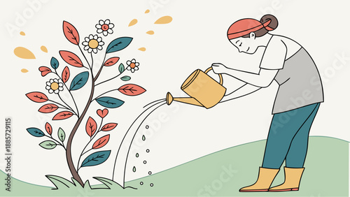 Woman watering a vibrant plant with colorful leaves and flowers, symbolizing growth, care, and environmental nurturing. Flat illustration.