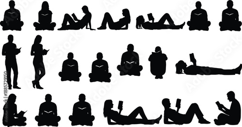 Collection of people silhouettes sitting lying and standing while reading books and studying in various poses isolated on white background vector illustration.