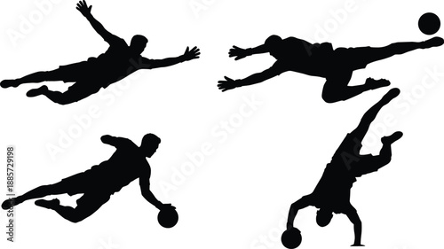 Dynamic handball player silhouettes set in various action poses, jumping, diving, and throwing, professional team sports athletic movements, isolated black vector illustrations.