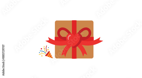 Festive brown gift box beautifully tied with a vibrant red ribbon and a heart, accompanied by a popping confetti cracker, signifying joy, celebration, and surprises.