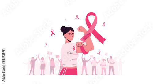 Empowered woman with a pink ribbon flexing her bicep, surrounded by a supportive crowd, symbolizing strength, unity, and hope in breast cancer awareness and advocacy.