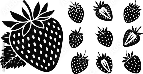 Black and white strawberry vector illustration, stylized fruit icons, sliced and whole berry designs, botanical clipart for kitchen, food, and packaging