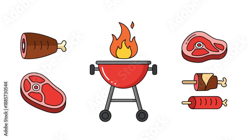 Barbecue Grill and Meat Icons Vector Illustration Set, Flat Design Style for Food and Cooking Themes