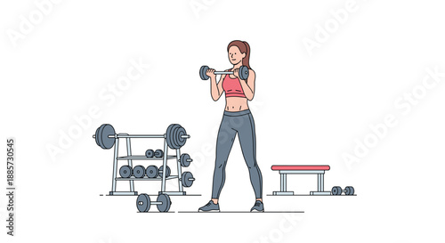 Strong woman performing bicep curls with dumbbells in a well-equipped gym, illustrating dedication to fitness, strength training, and a healthy, active lifestyle.