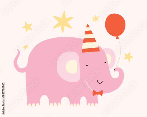 Cute baby elephant holding balloon cartoon illustration. Pink pastel smiling elephant in a party hat. Little stars background. Animal mammal with big ears and trunk clipart for kids.