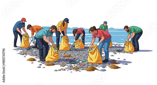 Dedicated group of volunteers actively cleaning up litter and debris from a natural environment, emphasizing community involvement in environmental protection and sustainability efforts.