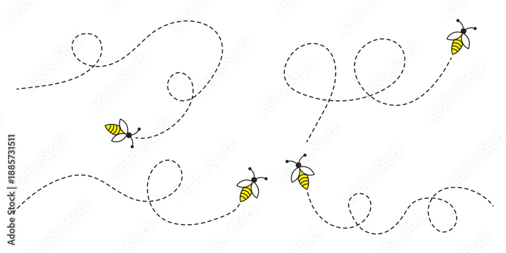 Fototapeta premium Bee flying doted path, line way. Bumblebee fly route journey for travel. Bees flying path. Cartoon bee fly dotted line route, bumblebee wasp hornet honeybee flight track buzz bug baby . eps 10