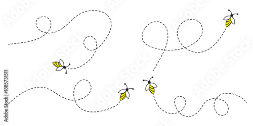 Bee flying doted path, line way. Bumblebee fly route journey for travel. Bees flying path. Cartoon bee fly dotted line route, bumblebee wasp hornet honeybee flight track buzz bug baby . eps 10