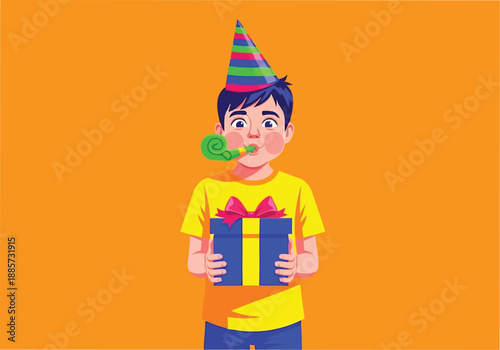 Happy boy blowing party horn and holding blue birthday gift box
