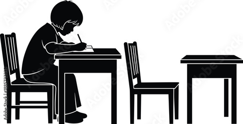 Young student silhouette sitting at a school desk and writing in a notebook with an empty desk and chair nearby on white background.