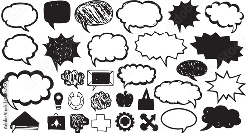 A large collection of hand-drawn comic speech bubbles and thought bubbles for communication design