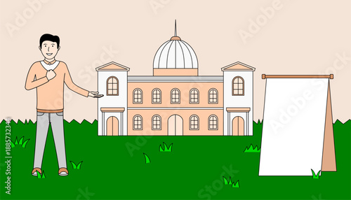 A man stands in front of a large building with a sign in front of him