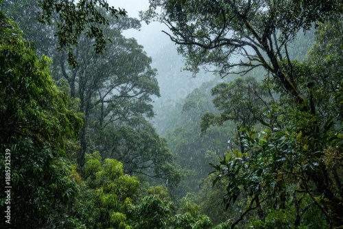 Φωτογραφία Misty Rainforest Canopy View with Lush Green Trees and Fog.