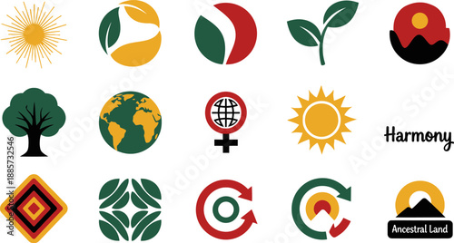 Set of black history month icons with pan african colors and nature symbols