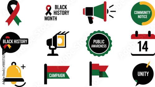 Collection of black history month event icons for community notice and public awareness