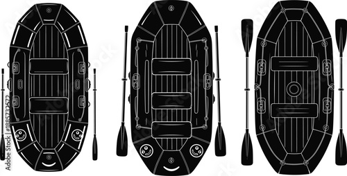 PrintBlack and white inflatable raft vector icons, rubber boat silhouettes with oars for white water rafting, outdoor river adventure, and rescue equipment.