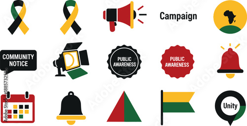 Black history month campaign icons set with diverse symbols and elements related to unity and awareness