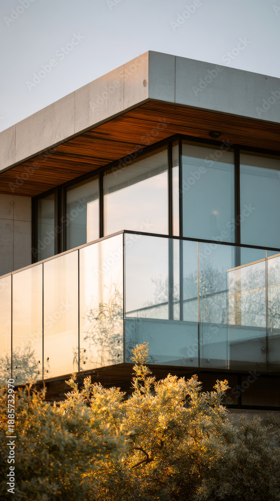Fototapeta premium This modern house features a transparent glass terrace railing that provides a clear view. The open space allows natural light to fill the area and enhance the simple design