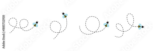 Hand Drawn Cartoon Bee Flying on a Dotted Route. Vector illustration isolated on background.
