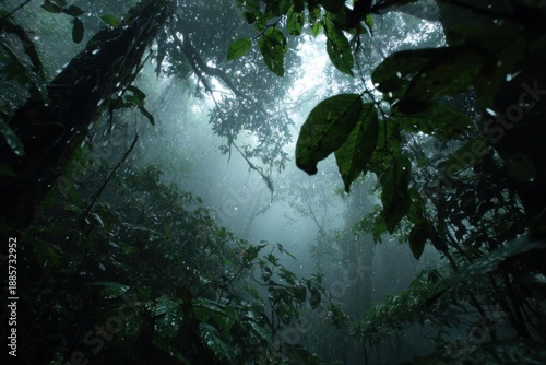 Εκτύπωση καμβά Misty Rainforest Canopy View Looking Up Through Lush Green Foliage