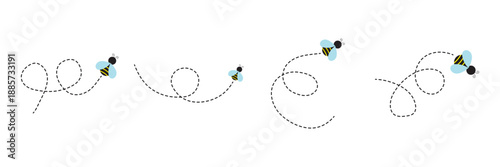 Cartoon bee icon set. Bee flying on a dotted route isolated on the white background. Vector illustration.