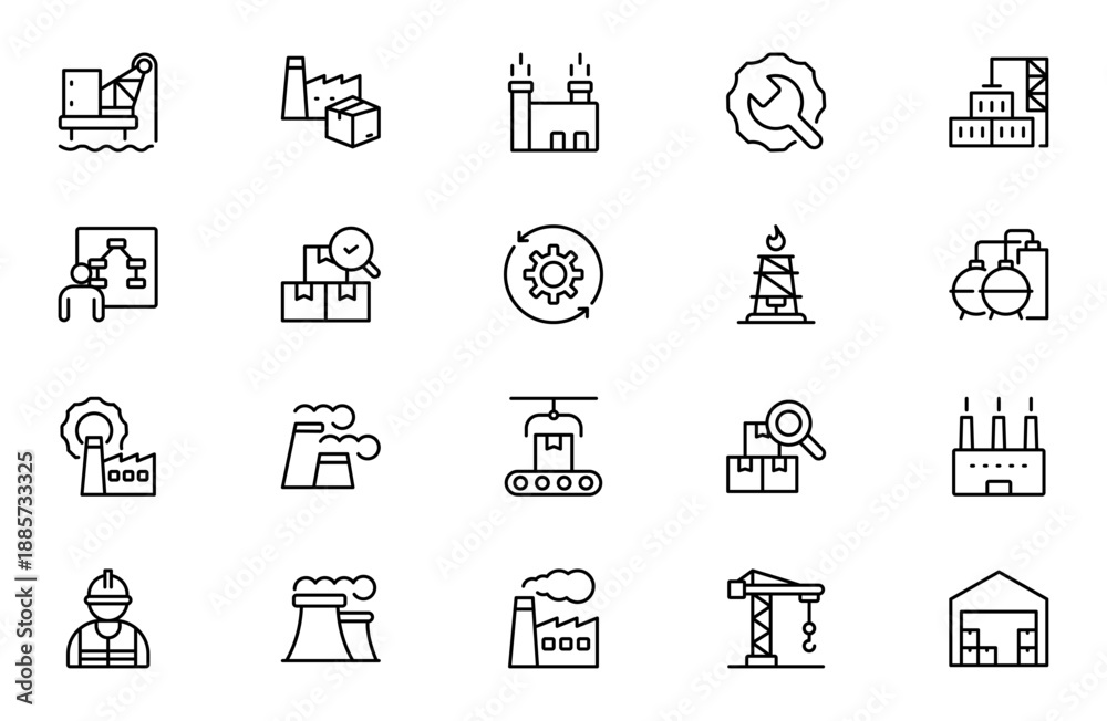Fototapeta premium Industry Outline Icon Set – Technology, Finance, Healthcare, Automotive, Energy, Retail, Construction, Hospitality, Tourism, Education, Oil, Gas, Refinery, Petroleum, Lubricant and Agriculture
