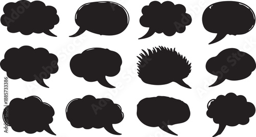 A large collection of hand-drawn comic speech bubbles and thought bubbles for communication design