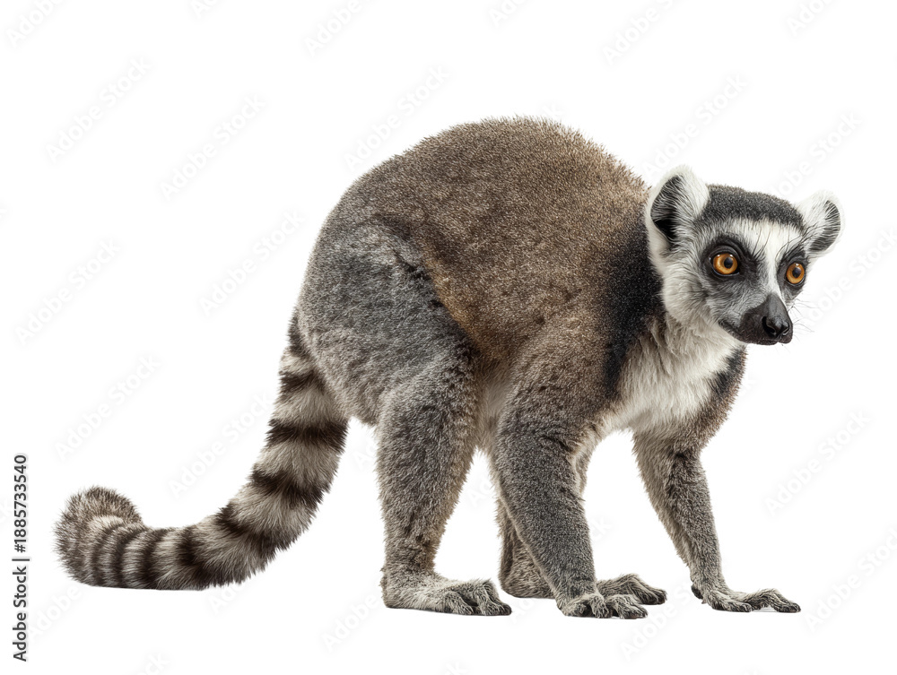 Obraz premium A Ring-tailed lemur facing the camera with its distinctive markings, a long ringed tail, and focused expression. Isolated Transparent Background, PNG