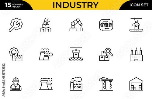 Industry Outline Icon Set – Technology, Finance, Healthcare, Automotive, Energy, Retail, Construction, Hospitality, Tourism, Education, Oil, Gas, Refinery, Petroleum, Lubricant and Agriculture