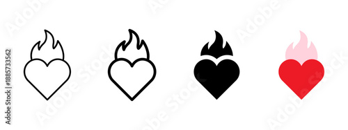 Flaming heart vector icon. Love, passion and romance symbol. Romantic heart on fire icon for Valentine’s Day designs, wedding graphics, dating apps, branding, posters and marketing materials.