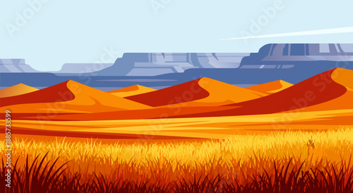 Vibrant Desert Landscape with Rolling Dunes and Golden Grass A Stylized Vector Illustration