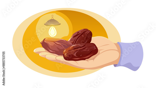 A macro close-up of an elderly hand holding three large, glossy Medjool dates against a blurred background of a glowing lantern. No text.
