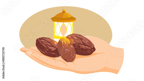 A macro close-up of an elderly hand holding three large, glossy Medjool dates against a blurred background of a glowing lantern. No text.