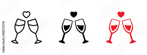 Champagne glasses toast icon with heart symbol. Romantic vector design for Valentine’s Day, celebrations, weddings, dates, parties, greeting cards, social media and holiday marketing materials.