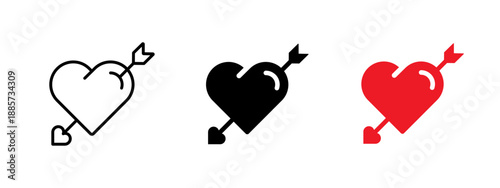 Pierced heart with arrow icon in outline, solid and red styles. Romantic vector symbol for Valentine’s Day, love, dating, wedding and relationship design. Isolated minimal icon.