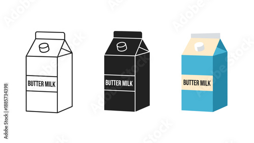 Three buttermilk cartons in white black and blue on white background