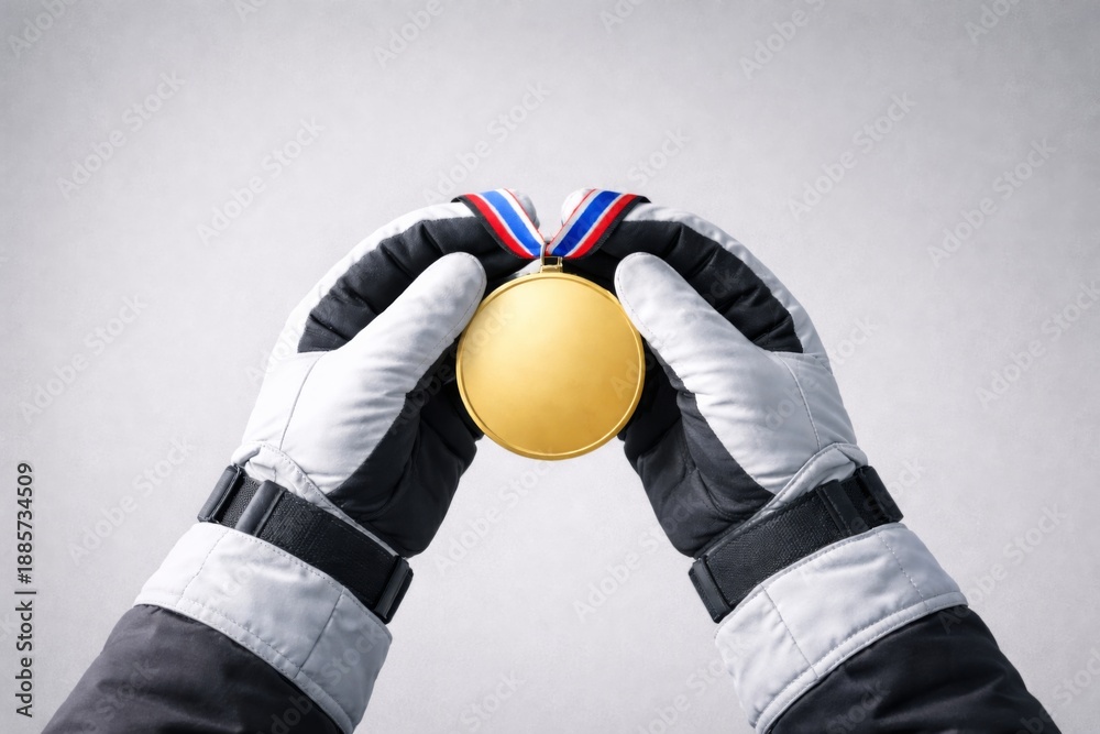 Fototapeta premium Winter sport competition medal held by gloved hands; concept of victory