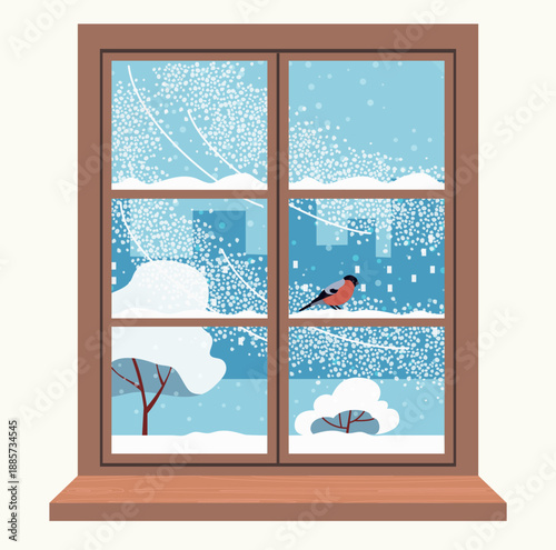 Winter window view with snowstorm, falling snow and bullfinch bird, cozy home interior scene. Vector flat style illustration