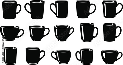 Collection of black coffee mug vector icons, tea cup silhouettes for kitchenware design, cafe menu branding elements, and hot beverage drinkware illustrations.
