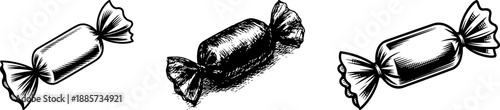 Engraved Style Wrapped Sweet Candy Toffee Set Hand Drawn Illustration for Food Design