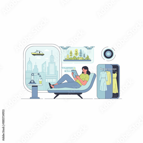 Woman relaxing with tablet in a futuristic smart home city apartment
