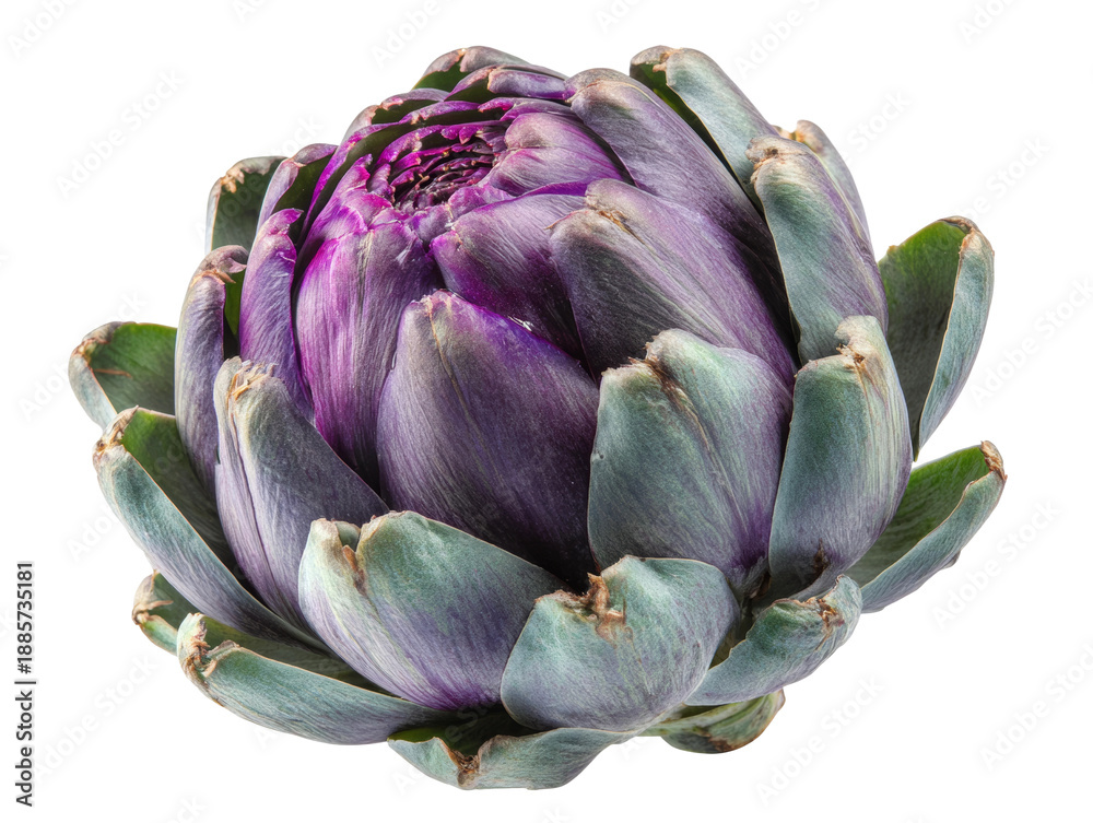 Obraz premium Close-up of a fresh artichoke. The artichoke has a vibrant purple color and is isolated Isolated Transparent Background, PNG