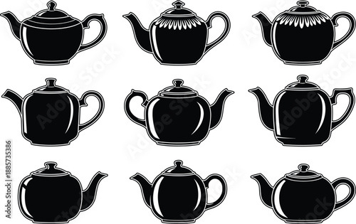 Collection of black teapot vector icons, vintage ceramic kettle silhouettes for tea party invitations, kitchenware design elements, and cafe menu branding illustrations.