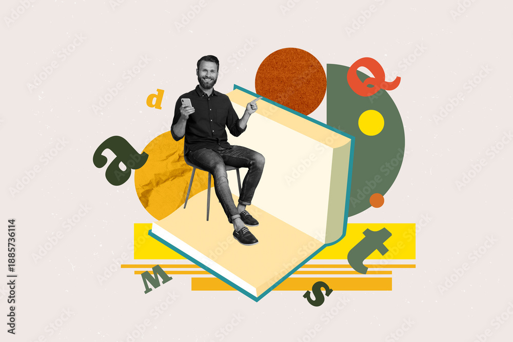 Naklejka premium Pop art full zine photo collage of happy girl guy stand library academic book stack education learner letters vocabulary encyclopedia