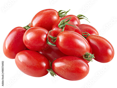 A pile of fresh red tomatoes with their green stems. A close-up shot that highlights the natural beauty of the fruit Isolated Transparent Background, PNG